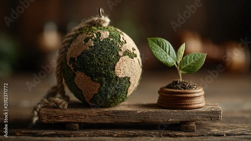 AI-generated scales balancing globe and seedling with gavel, depicting environmental justice, climate responsibility, sustainability, legal stewardship, and equitable ecological decision-making,