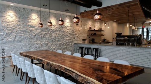 A modern, cozy cafe interior featuring a long wooden table, white cushioned chairs, hanging pendant lights, and a bar area with coffee equipment.