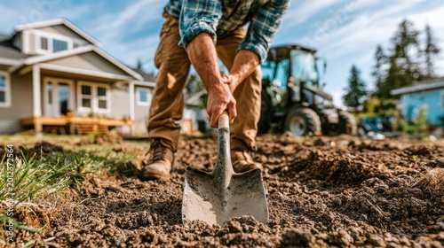 A person digs soil in a backyard garden with a shovel, wearing work boots and a plaid shirt, with houses and a tractor in the background.