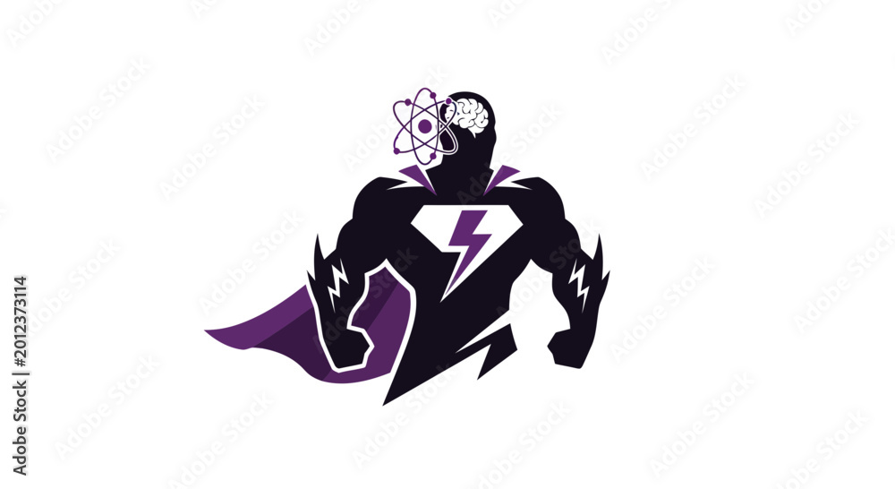 Fototapeta premium Superhero Brain Power Icon with Atom Symbol