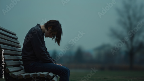 Sad person sits alone on a park bench in foggy weather. Depressed teenager with head down feeling lonely and isolated. Mental health concept