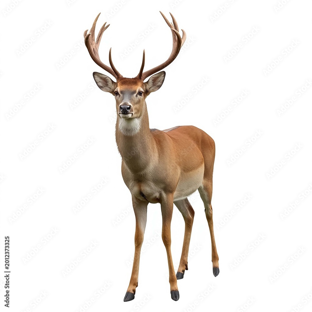 Fototapeta premium Majestic Male Deer with Impressive Antlers Standing Proudly on a Clean White Background