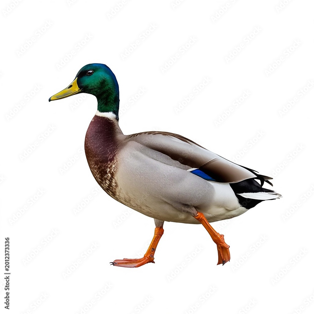 Fototapeta premium Vibrant mallard duck with iridescent plumage, captured gracefully walking on a pristine white background