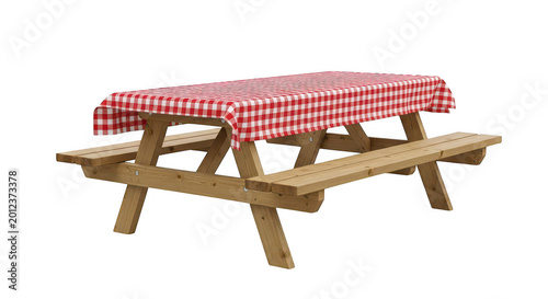 Wooden picnic table with a red and white checkered tablecloth isolated on transparent background
