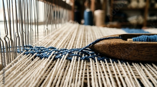Closeup of Traditional Weaving Loom with Natural and Blue Thread in Workshop