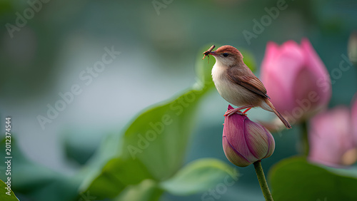 Lotus Flower Birds Perched on Pink Lotus Blossoms