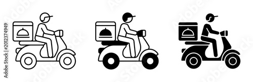Food delivery scooter icon set, outline solid and silhouette styles, white background, vector Illustration