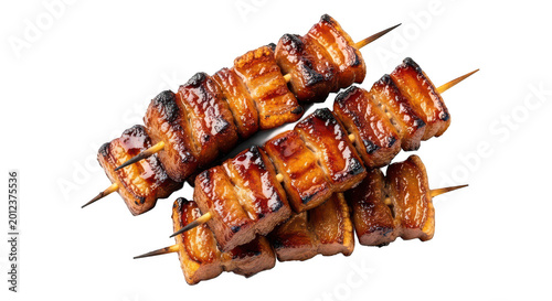 Grilled pork belly skewers with glaze isolated on transparent background