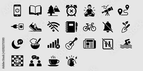 Cuadro en lienzo Icon set collection of digital detox and healthy lifestyle activity icons featuring meditation, outdoor sports, reading, and unplugged technology concepts
