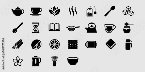 Photos Icon set collection of tea ceremony and preparation elements including teapots, cups, herbs, sweeteners, and traditional brewing kitchenware for cafes
