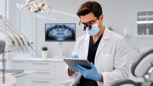 A dedicated dentist is intently focused on using a tablet within the sterile environment of the clinic.