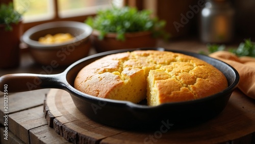 Freshly baked homemade cornbread in a black cast iron skillet. Sliced golden yellow bread on a rustic wooden board