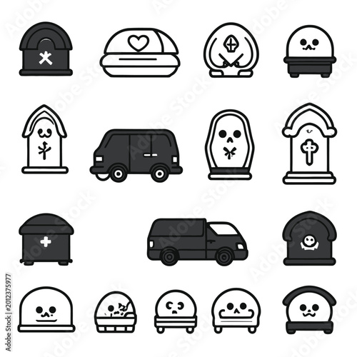 Foto Halloween icons, spooky symbols, 16 black and white illustrations, skulls, coffi