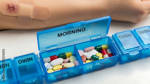 Detailed macro view of a blue weekly pill organizer container filled with assorted medical tablets and gel capsules for routine morning pharmaceutical treatment and healthcare management.
