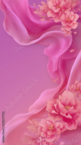 Two Tone Gradient Background with Flowers and Flowing Silk Ribbon Chinese Style Illustration