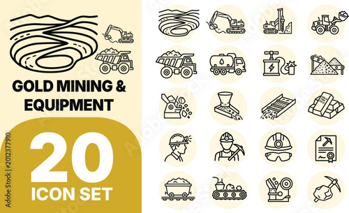 Quadro em tela 20 Gold Mining and Equipment Icons Set – Industrial Vector Collection