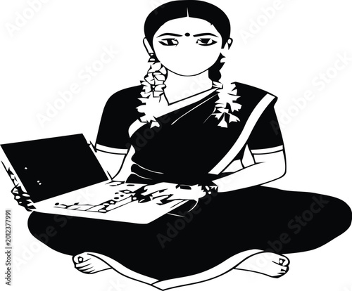 Indian woman, traditional sari, working on laptop, vector illustration, black and white