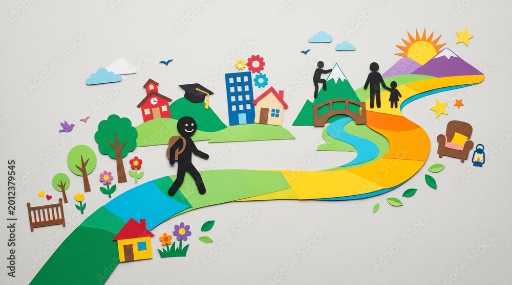 Obraz premium A vibrant path winds through life’s milestones—learning, working, climbing mountains, and raising a family—capturing the essence of personal growth and the pursuit of a legacy.