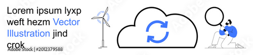 Renewable energy, cloud computing, data analysis, research, sustainability, technology. Wind turbine, cloud icon with sync and a person analyzing data. Renewable energy and cloud computing concept