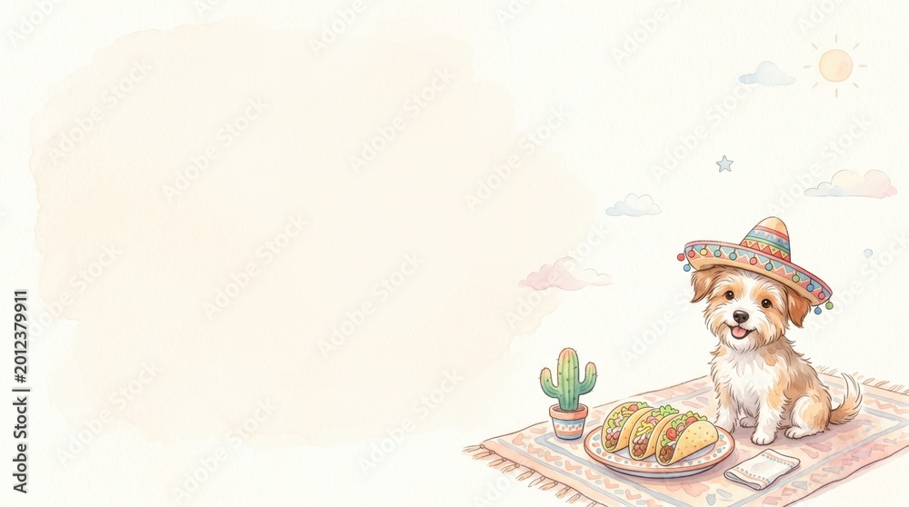 Naklejka premium Happy puppy in a colorful sombrero sits on a patterned rug with tacos and a potted cactus