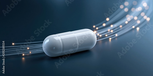 White pharmaceutical capsule blue background with fiber optic lights and dynamic motion