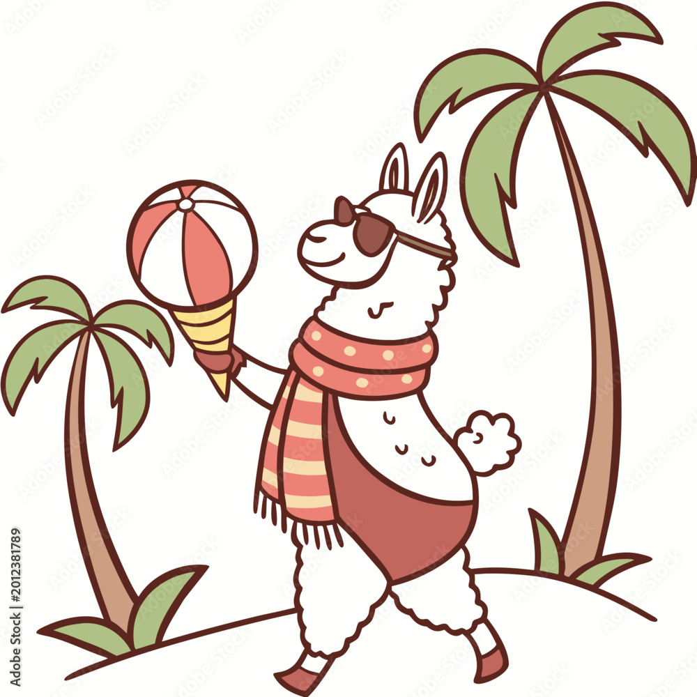 Fototapeta premium Excited expression on a Alpaca in a Summer Vacation theme, with with a scarf – Beach Bliss vector art