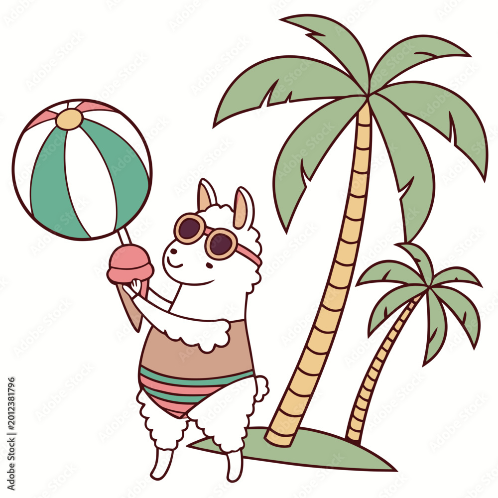 Fototapeta premium SVG art: A Grumpy Alpaca in a Summer Vacation vibe with with a balloon, tinted with Beach Bliss tones