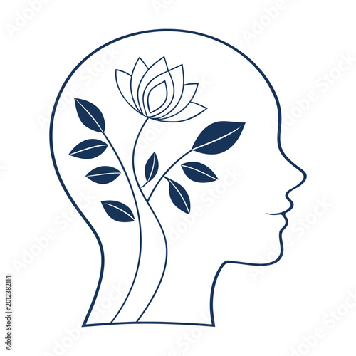 Human Head with Growing Flower Mind Growth Mental Wellness Minimal Line Art Illustration