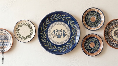 Traditional Greek Panigiri Decorative Plate Patterns with Hand-Drawn Olive Leaves and Mediterranean Ceramic Ornament Background