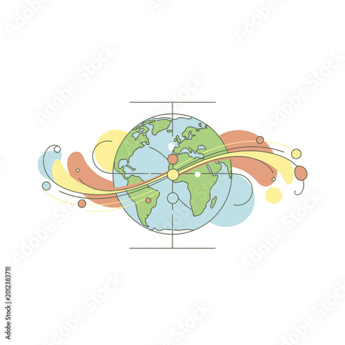 Stylized Earth Globe with Swirling Colorful Lines and Dots.
