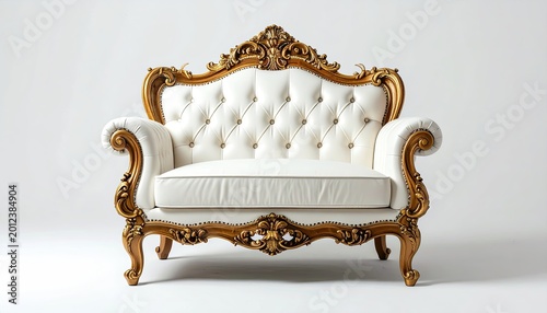 Ornate, tufted white armchair with gilded wood trim and scrolled details