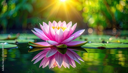 Pink water lily blooms on calm pond, sunbeams filter through green foliage