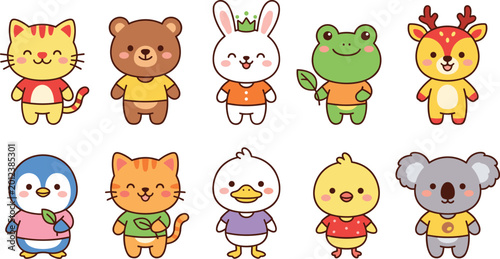 Canvas Print Cute Animal Characters Including Cat, Bear, Rabbit, Frog, Deer, Penguin, Duck, K