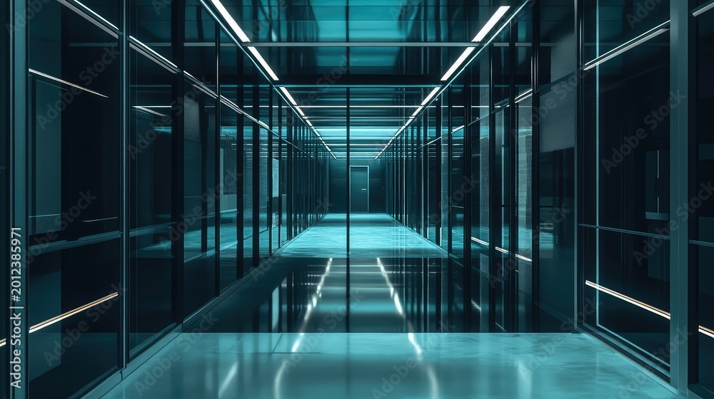 Fototapeta premium Futuristic glass corridor with glowing neon lights