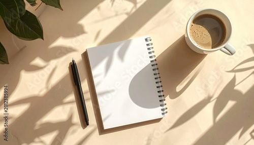 Overhead shot of an open notebook, pen, and coffee cup bathed in dappled sunlight