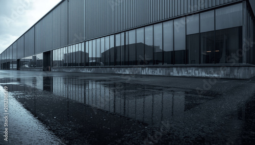 Modern Industrial Warehouse Exterior with Glass Facade Reflected in Wet Pavement on Rainy Day