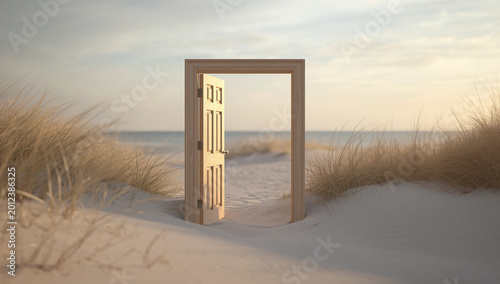 Open Doorway in Sand Dunes Facing Ocean Horizon at Golden Hour