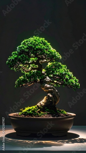 Miniature twisted tree, vibrant green foliage, artfully sculpted, in earthy pot