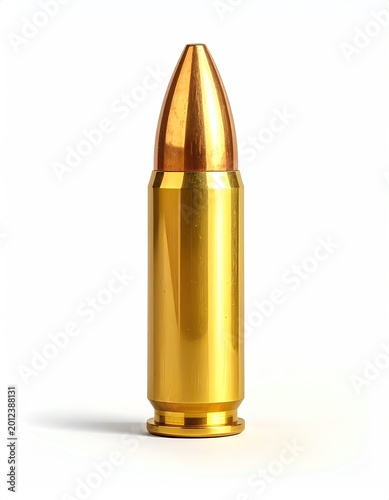 Polished brass bullet casing and copper-tipped projectile stand vertically