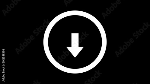 Fading white download arrow icon in circle on black. 4K Video