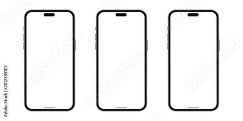 Three smartphone mockups displaying blank white screens