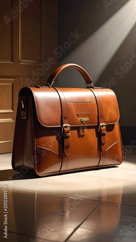 Luxurious brown leather briefcase with brass hardware, lit by spotlight