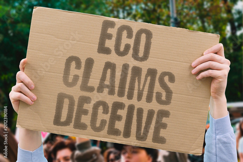 Konstfotografi "Eco Claims Deceive" Corporate sustainability pledges mask ongoing environmental destruction behind polished branding
