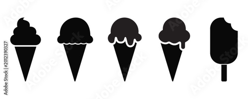 Ice Cream Cone Silhouette Icon Set Vector Vintage Black and White Soft Serve Logo Collection Isolated 
on White Background