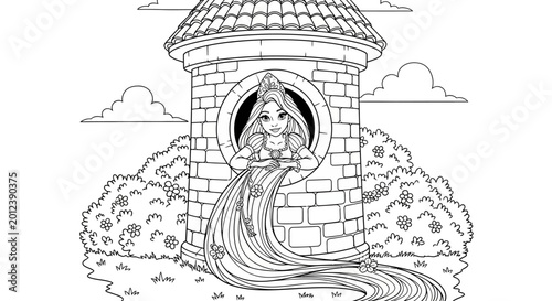 Tableau sur toile Rapunzel, princess in tower, black and white illustration, vector fairy tale cha