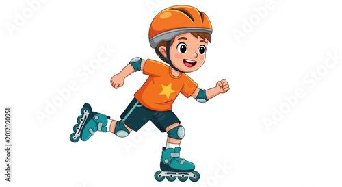 Foto Cartoon boy, rollerblading, orange helmet, inline skates, safety gear