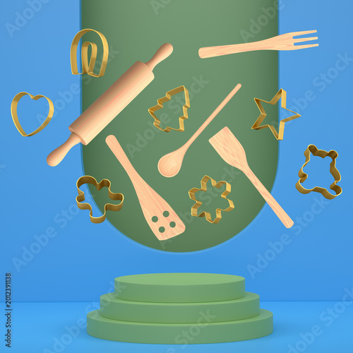 Fotografie Set of baking bowl, cookie cutters, and wooden kitchen utensils suspended mid-ai