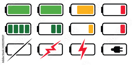 Fotografi Battery icon set with charge indicator displaying power levels from full to low