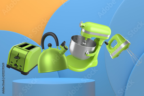 Fotografie Set of kitchen appliances and utensils floating in mid-air over podium and abstr