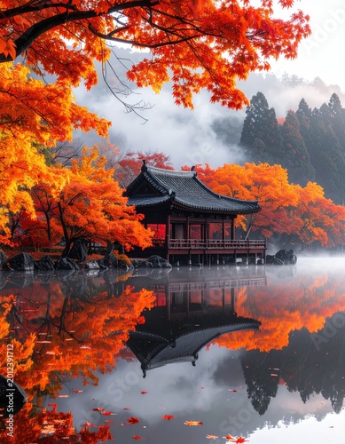 Serene temple amid fiery autumn foliage reflected in tranquil water